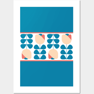 Retro Scandi Floral in Celadon Blue, Coral and Peach Posters and Art